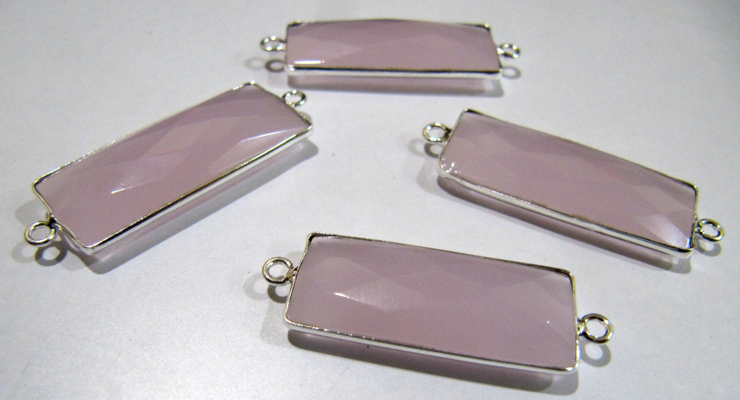 2 Pcs Set Pink Chalcedony Baguette Shape Double Loop Briolette Bezel 30x12mm approximately Connector Handmade Bezel Charms