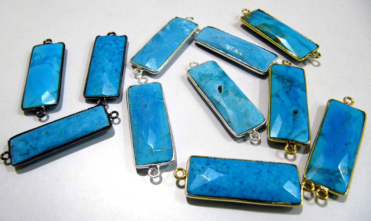 Set of 2 Pcs-: Natural Turquoise Magnesite Baguette Shape Connector Double Loop 30x12mm Rectangle Bezel Charms Pendants