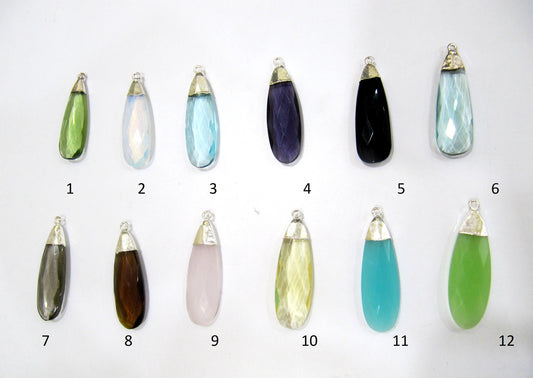 ON SALE Quartz Pear Shape Briolette  Pendant Connectors with Silver Electroplated Cap  around 1.5 inches Long Single Loop Choose the Color