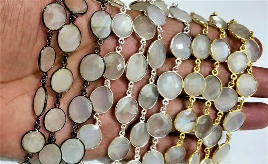 Natural White Moonstone from Ceylon Free Shape Briolette Bezel Connector Link Chain 10 to 15mm Handmade Jewellery making Chain Sold Per Foot