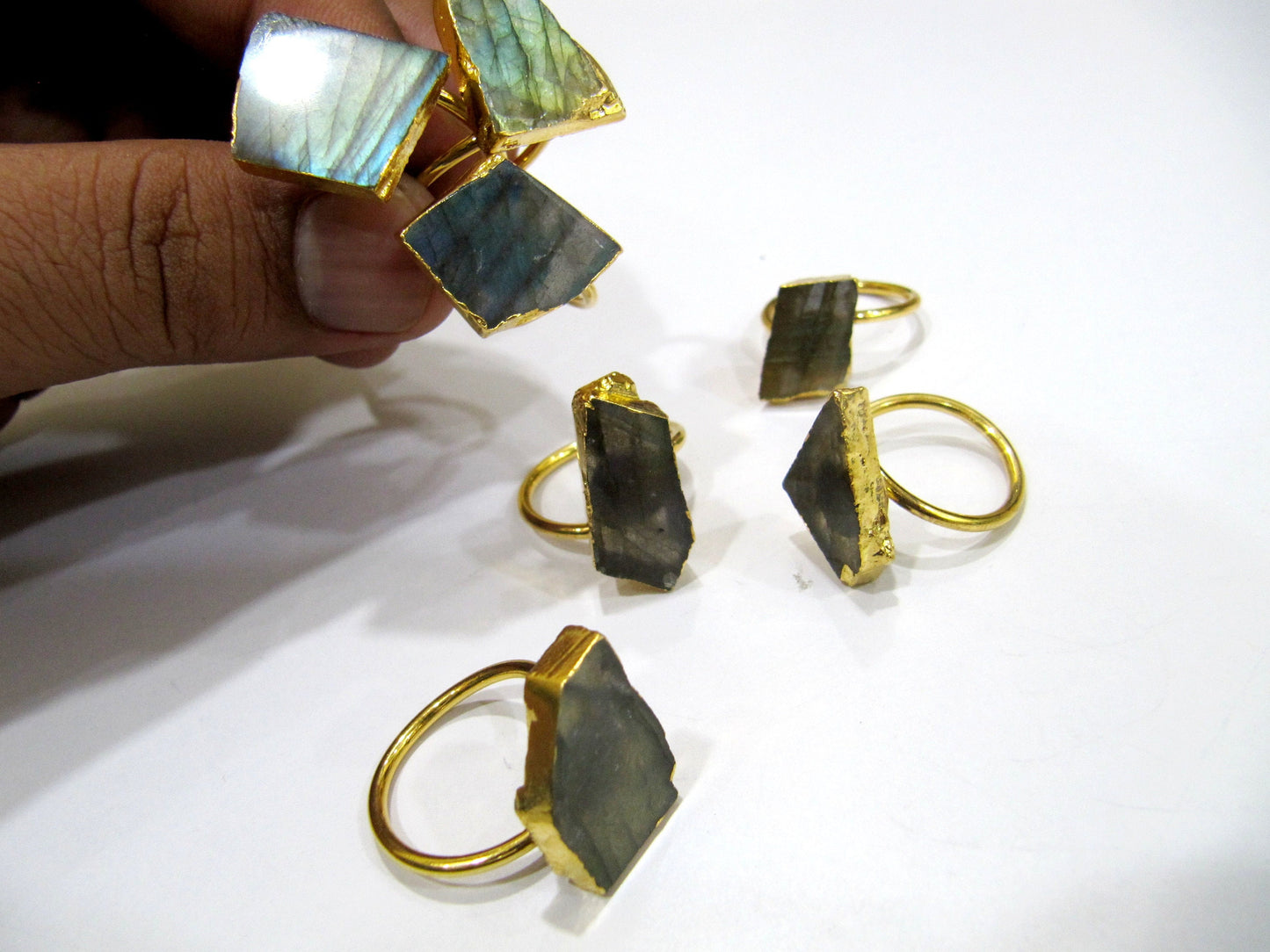 Natural Labradorite Stone Designer Rings Adjustable Size Free Size 24 Kt Gold Electroplated Jewelry For Girls and Women Wholesale Prices