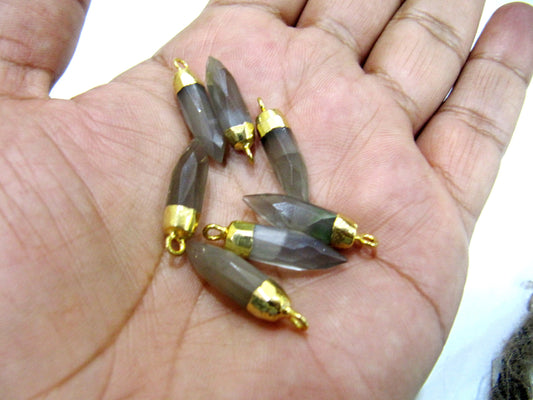 Natural Grey Moonstone Tiny Bullet Charm Pointer Pendant Single Loop Connector Charm 24K Gold Electroplated approx 0.5 inch to 1 inch long