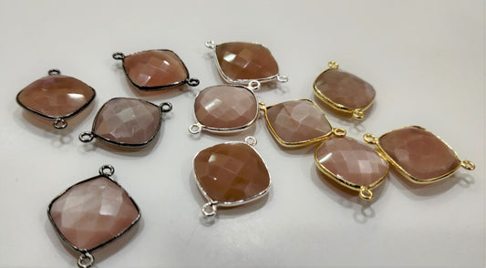 Natural Peach Moonstone Cushion Shape 16mm Briolette Bezel connectors charms pendants Double Loop Choose the Plating color
