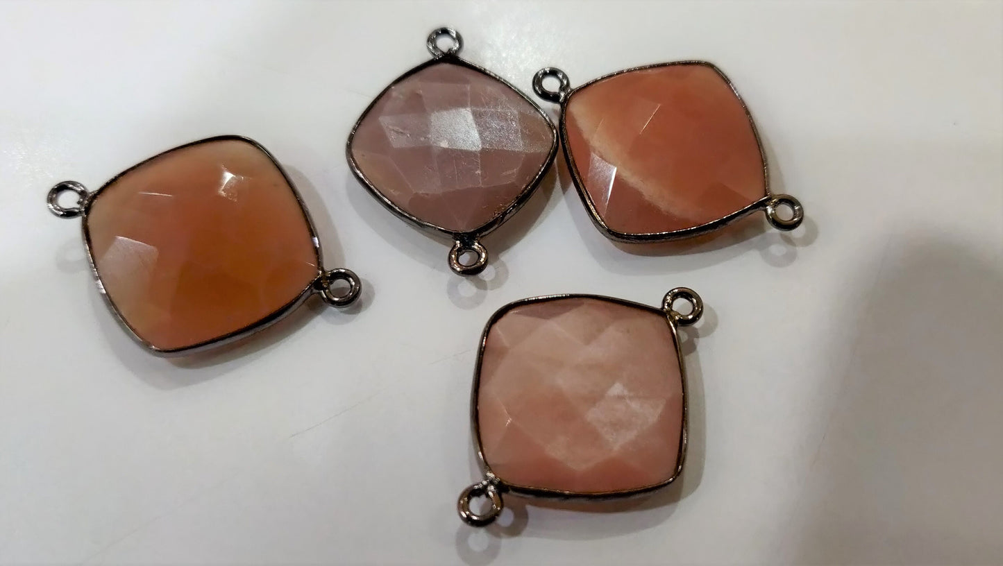 Natural Peach Moonstone Cushion Shape 16mm Briolette Bezel connectors charms pendants Double Loop Choose the Plating color