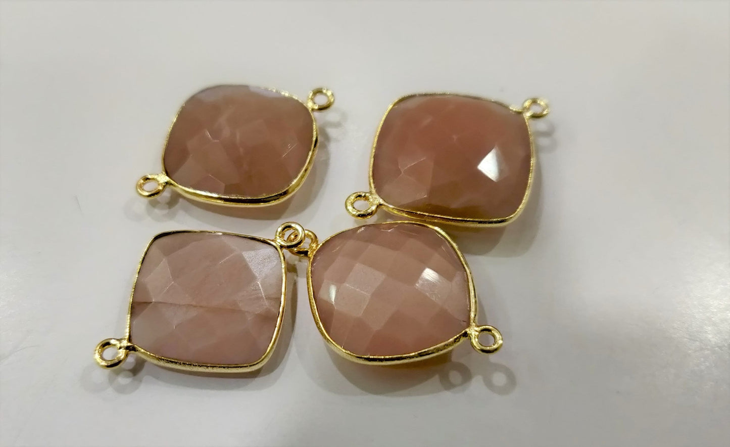 Natural Peach Moonstone Cushion Shape 16mm Briolette Bezel connectors charms pendants Double Loop Choose the Plating color