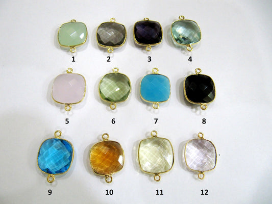 Mix Color Gemstone Quartz Briolette Faceted Size 15mm Cushion Shape Double Loop Bezel Connector Choose the stone color and Plating