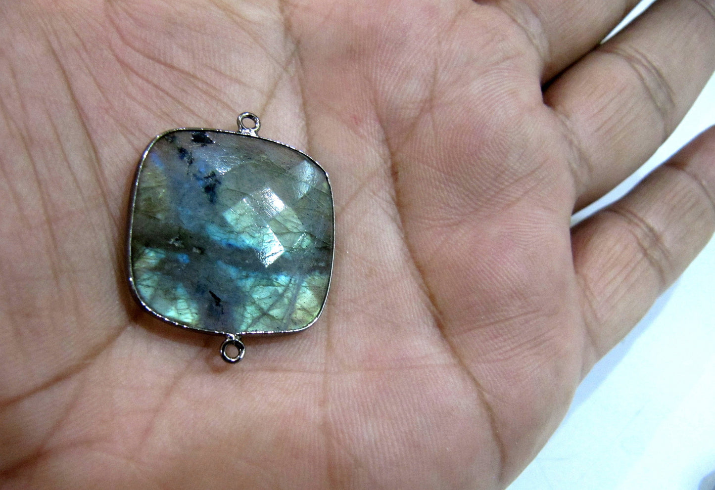 Natural Labradorite Square Cushion Shape 24mm Briolette Faceted Double Loop Bezel Connectors Grey Stone Link Bezel Sold Per Piece