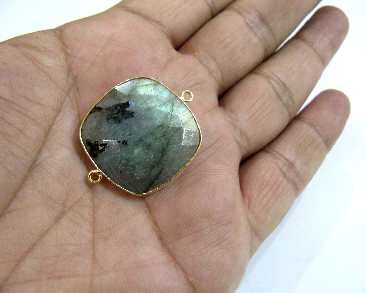 Natural Labradorite Square Cushion Shape 24mm Briolette Faceted Double Loop Bezel Connectors Grey Stone Link Bezel Sold Per Piece