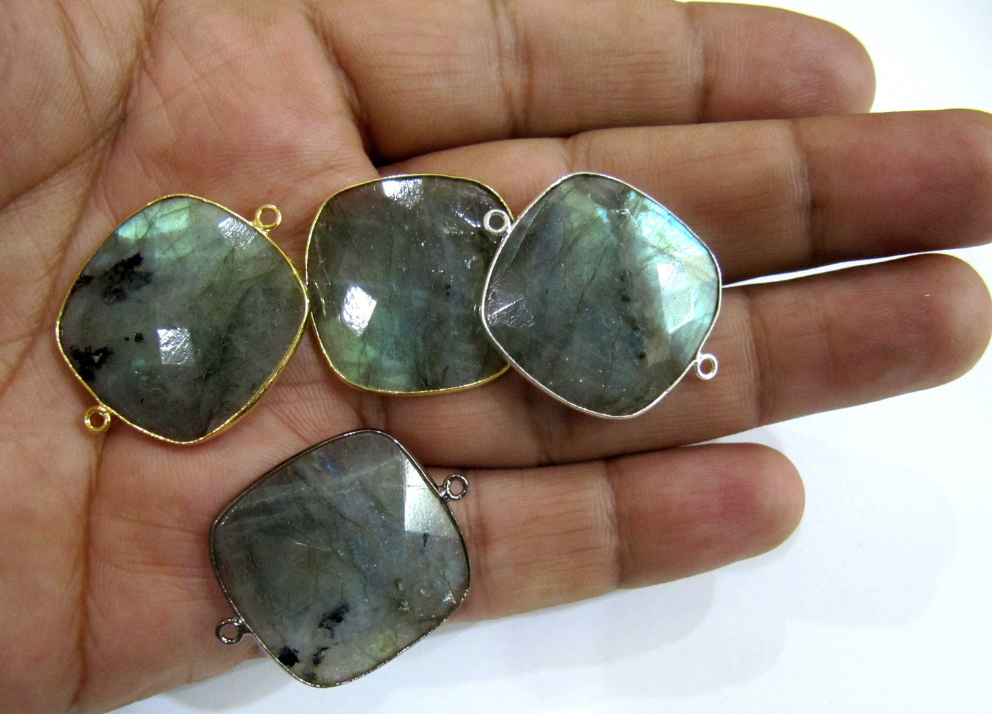 Natural Labradorite Square Cushion Shape 24mm Briolette Faceted Double Loop Bezel Connectors Grey Stone Link Bezel Sold Per Piece
