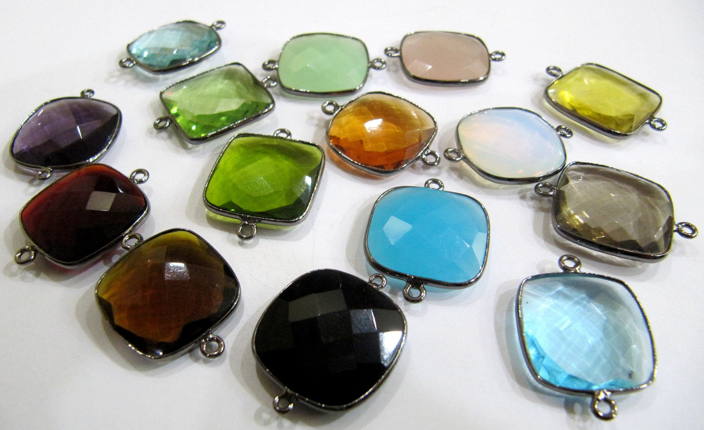 Mix Color Quartz Gemstones Briolette 19mm Cushion Shape Double Loop Bezels Connectors Charms Pendants Choose the stone color and Plating