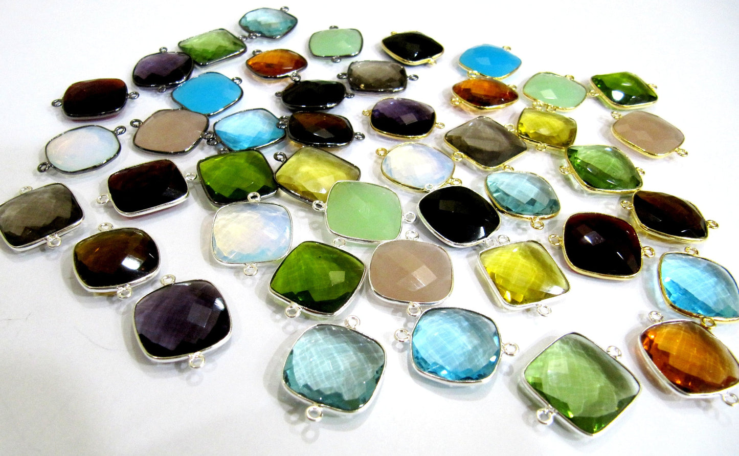 Mix Color Quartz Gemstones Briolette 19mm Cushion Shape Double Loop Bezels Connectors Charms Pendants Choose the stone color and Plating
