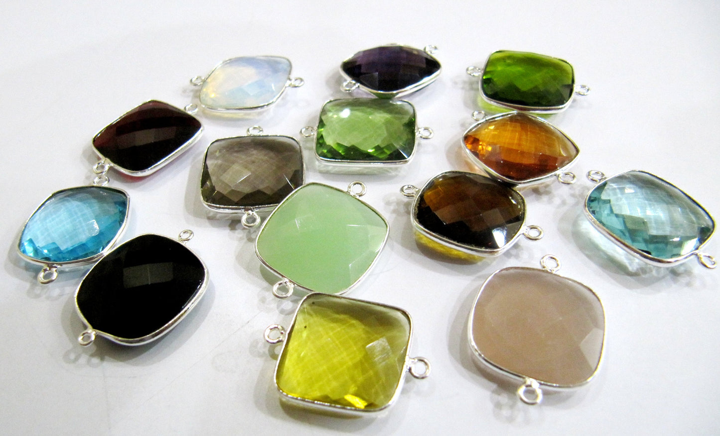 Mix Color Quartz Gemstones Briolette 19mm Cushion Shape Double Loop Bezels Connectors Charms Pendants Choose the stone color and Plating