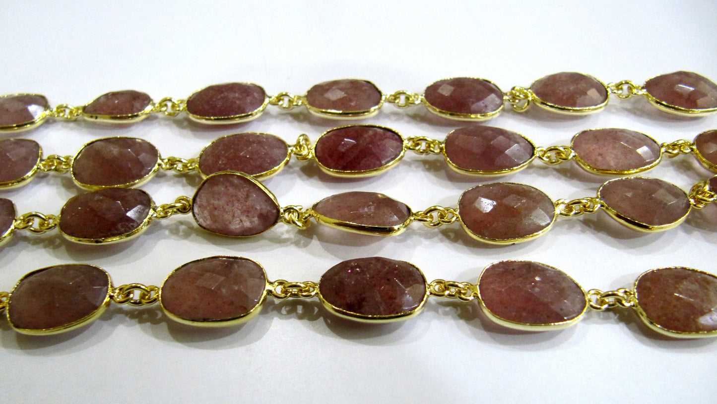 Natural Strawberry Quartz Uneven  Free Shape Size 11 to 15mm Briolette Faceted Bezel Connector Chain Sold Per Foot Choose the Plating color