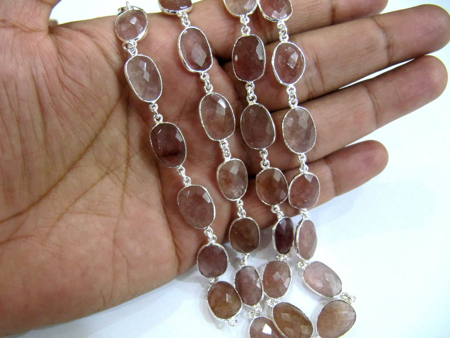 Natural Strawberry Quartz Uneven  Free Shape Size 11 to 15mm Briolette Faceted Bezel Connector Chain Sold Per Foot Choose the Plating color