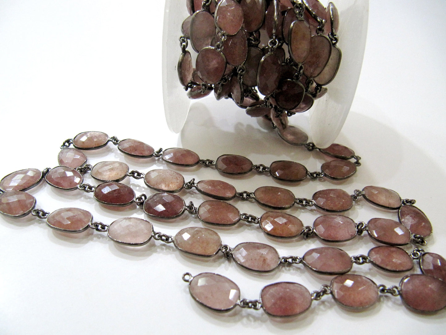 Natural Strawberry Quartz Uneven  Free Shape Size 11 to 15mm Briolette Faceted Bezel Connector Chain Sold Per Foot Choose the Plating color