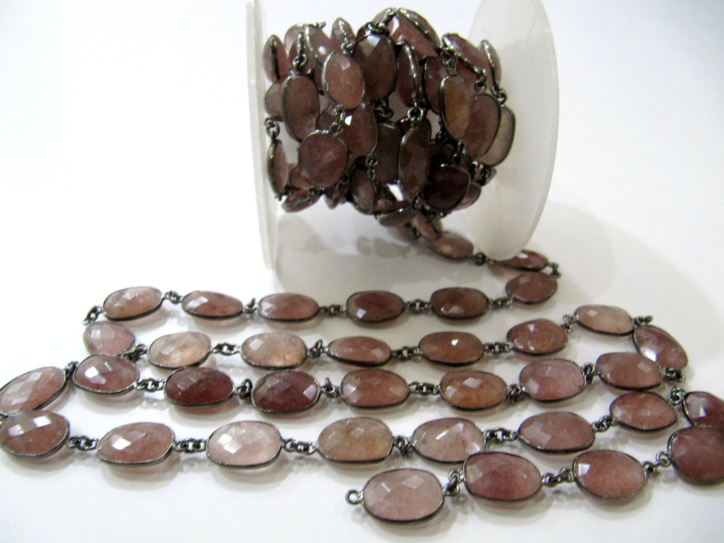 Natural Strawberry Quartz Uneven  Free Shape Size 11 to 15mm Briolette Faceted Bezel Connector Chain Sold Per Foot Choose the Plating color