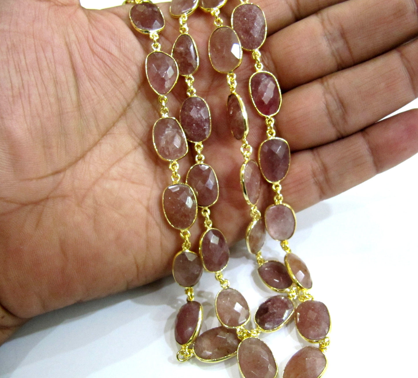 Natural Strawberry Quartz Uneven  Free Shape Size 11 to 15mm Briolette Faceted Bezel Connector Chain Sold Per Foot Choose the Plating color