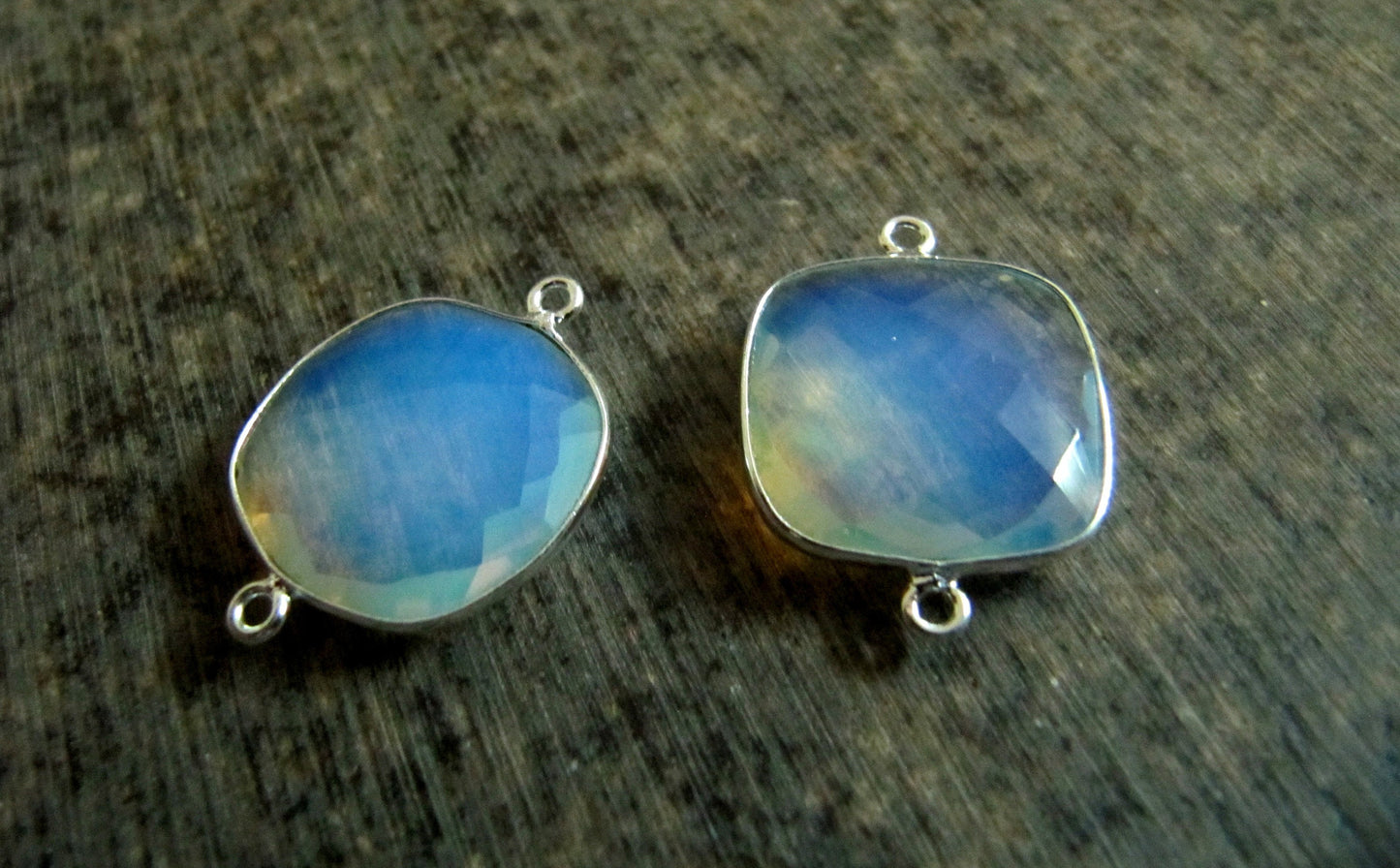 White Opalite Quartz Briolette Faceted Size 19mm Cushion Square Shape Double Loop Bezel Connector Choose the Plating color Sold Per Piece