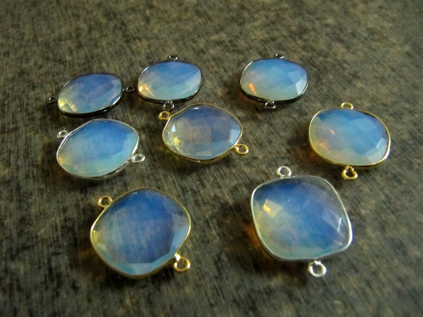White Opalite Quartz Briolette Faceted Size 19mm Cushion Square Shape Double Loop Bezel Connector Choose the Plating color Sold Per Piece