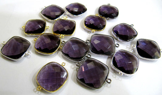 Amethyst Quartz Briolette Faceted Size 19mm Cushion Square Shape Double Loop Bezel Connector Choose the Plating color Sold Per Piece