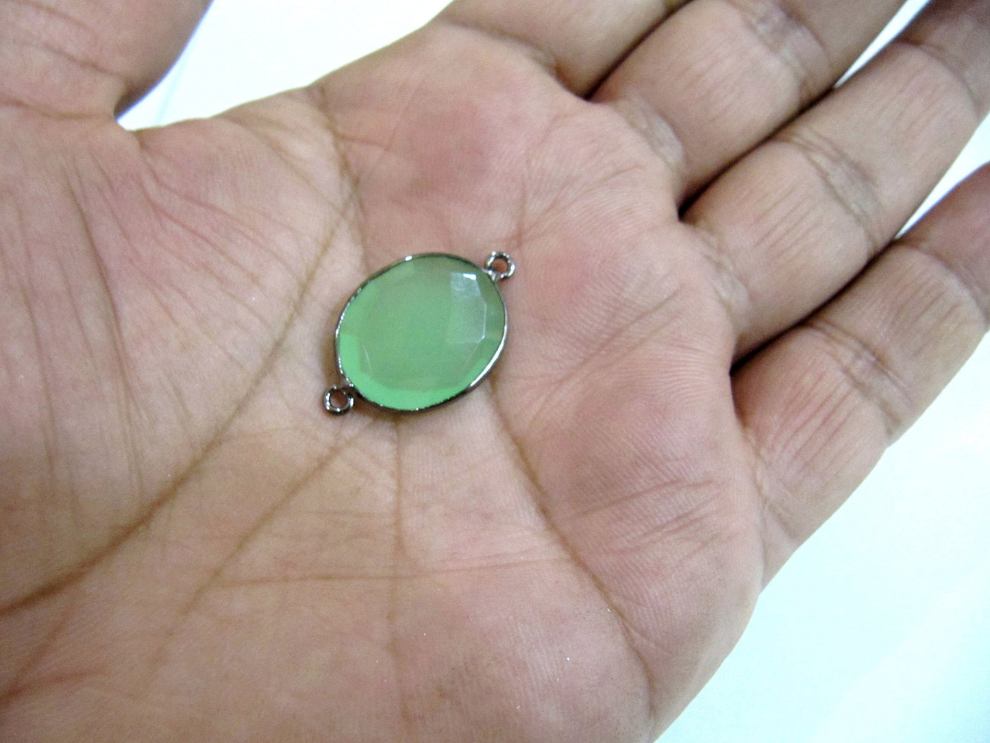 Green Chalcedony Briolette Faceted Oval Shape Double Loop Bezel Connector Jewelry making link bezel choose the size and Plating color