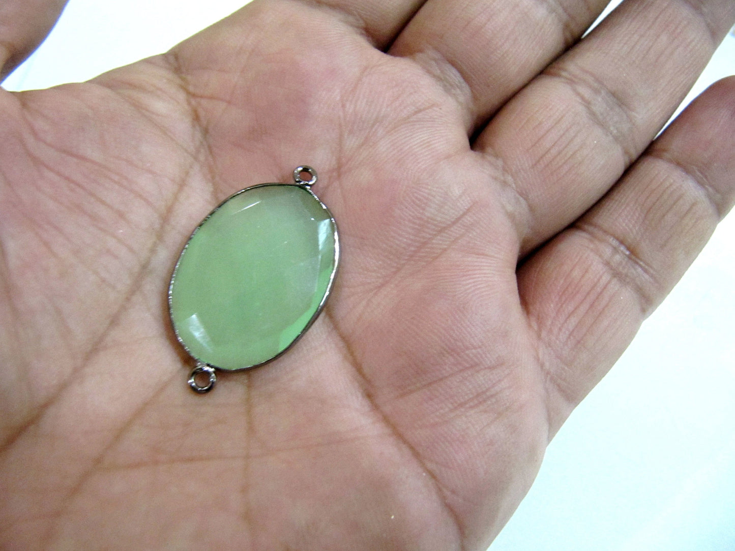Green Chalcedony Briolette Faceted Oval Shape Double Loop Bezel Connector Jewelry making link bezel choose the size and Plating color