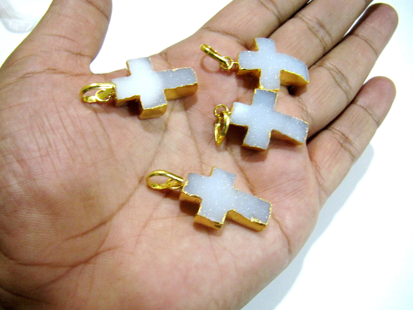 Hand Carved Natural Druzy Holy Cross Shape Pendant Charm 24Kt Gold Electroplated approx. 1inch long White Drusy charm Gemstone Connectors