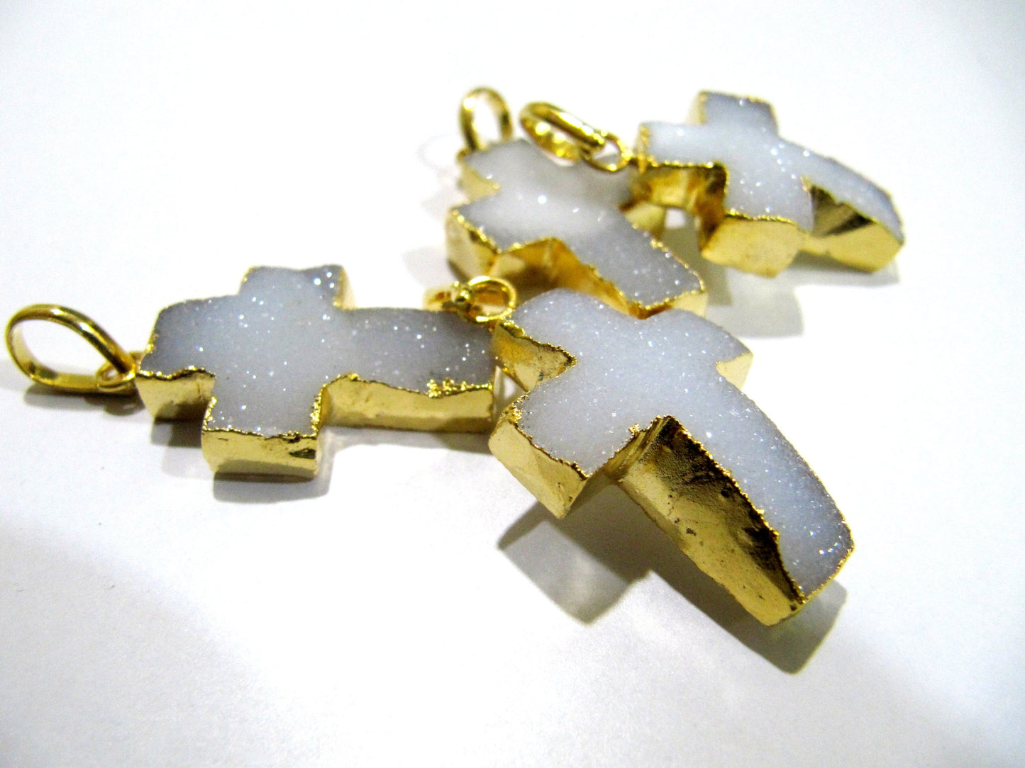 Hand Carved Natural Druzy Holy Cross Shape Pendant Charm 24Kt Gold Electroplated approx. 1inch long White Drusy charm Gemstone Connectors