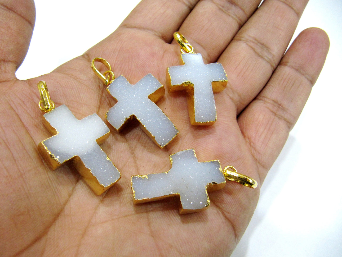 Hand Carved Natural Druzy Holy Cross Shape Pendant Charm 24Kt Gold Electroplated approx. 1inch long White Drusy charm Gemstone Connectors