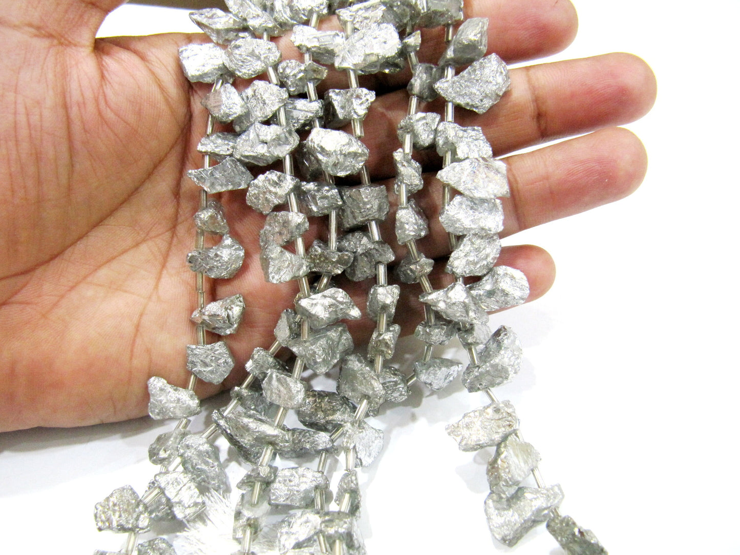 Gorgeous Titanium Silver Coated Rough Aquamarine Natural Beads, AB Mystic Coated 8 inches Strand,Beads Size 7x13mm to 14x20mm,approx 20 bead