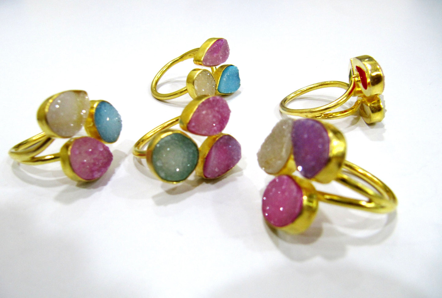 Beautiful Colorful Druzy Rings Triplet Design Size 10-20mm, Adjustable Size, Free Size, 24 Kt Gold Plated, Mix Color and Shape, YOU CHOOSE