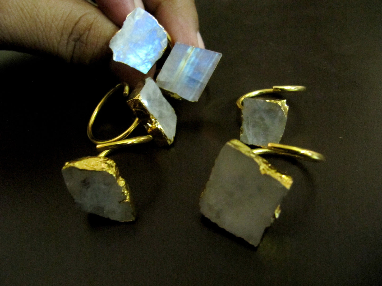 Natural White Rainbow Moonstone Stone Designer Rings Adjustable Free Size 24Kt Gold Electroplated Mix Shape Jewelry For Girls and Women