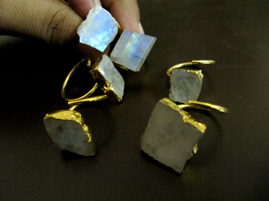 Natural White Rainbow Moonstone Stone Designer Rings Adjustable Free Size 24Kt Gold Electroplated Mix Shape Jewelry For Girls and Women