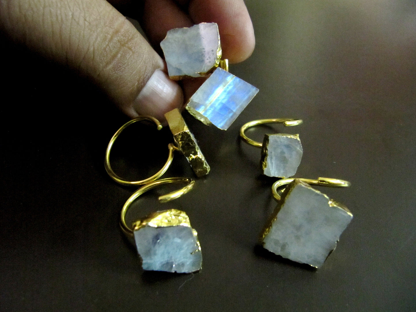 Natural White Rainbow Moonstone Stone Designer Rings Adjustable Free Size 24Kt Gold Electroplated Mix Shape Jewelry For Girls and Women