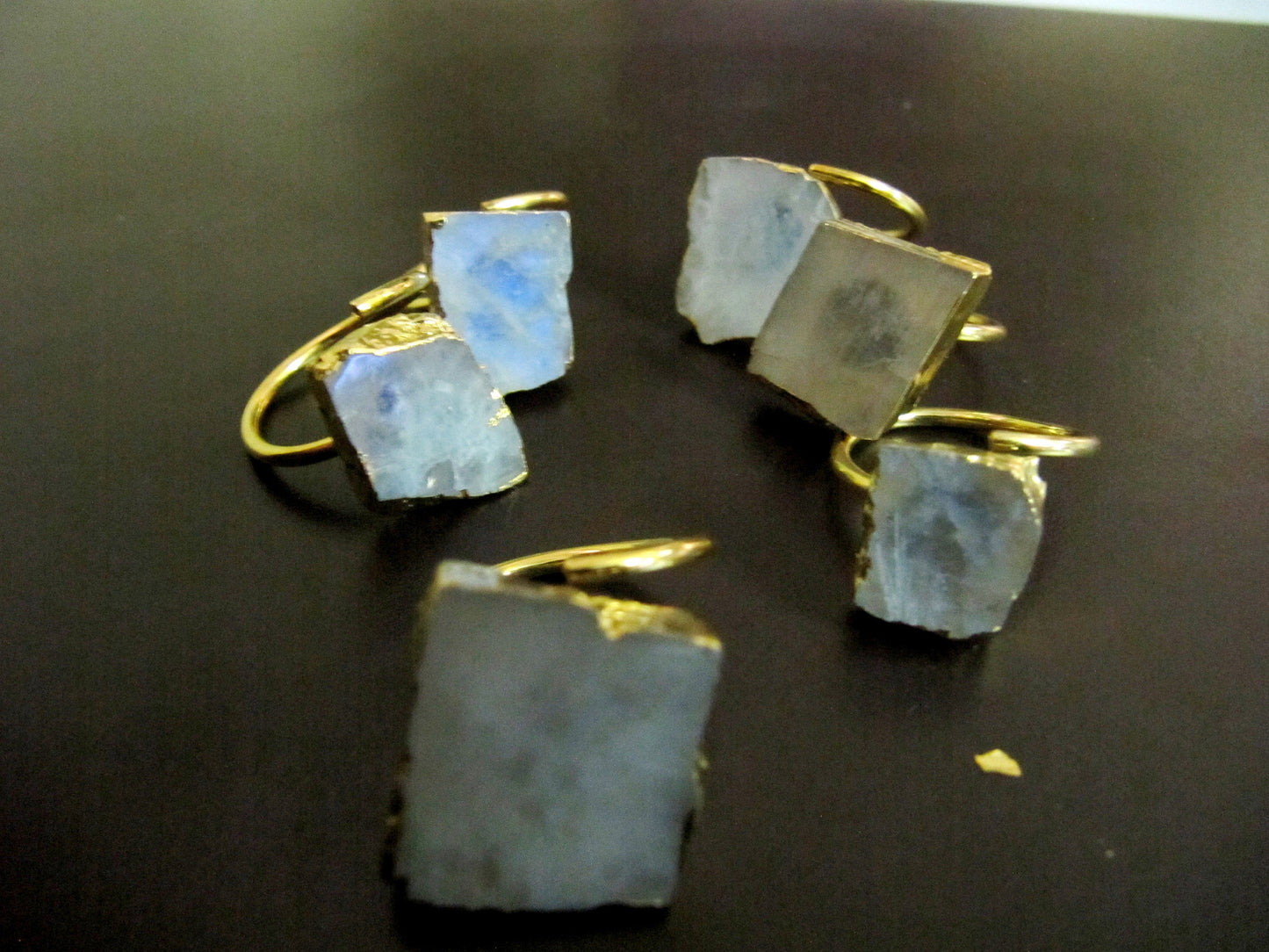 Natural White Rainbow Moonstone Stone Designer Rings Adjustable Free Size 24Kt Gold Electroplated Mix Shape Jewelry For Girls and Women