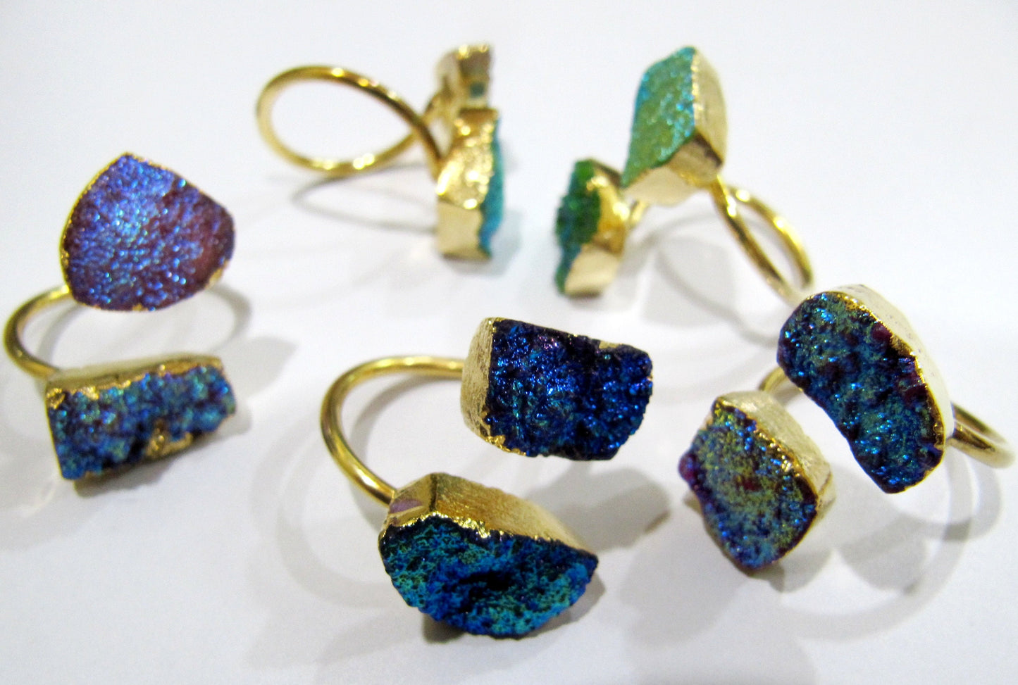 Natural Titanium Colorful Druzy Double Stone Ring 24K Gold Electroplated Drusy Gemstone Free Shape Flexible Adjustable Ring Wholesale Prices