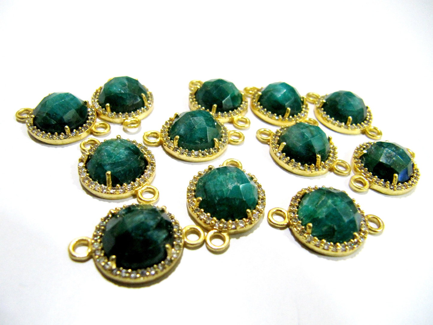 Natural Gemstones Round Shape Briolette 13mm Connectors charms With Setted CZ Pave 24K Gold Electroplated Double Loop Gemstone Jewelry