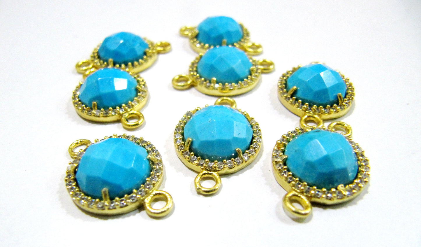 Natural Gemstones Round Shape Briolette 13mm Connectors charms With Setted CZ Pave 24K Gold Electroplated Double Loop Gemstone Jewelry