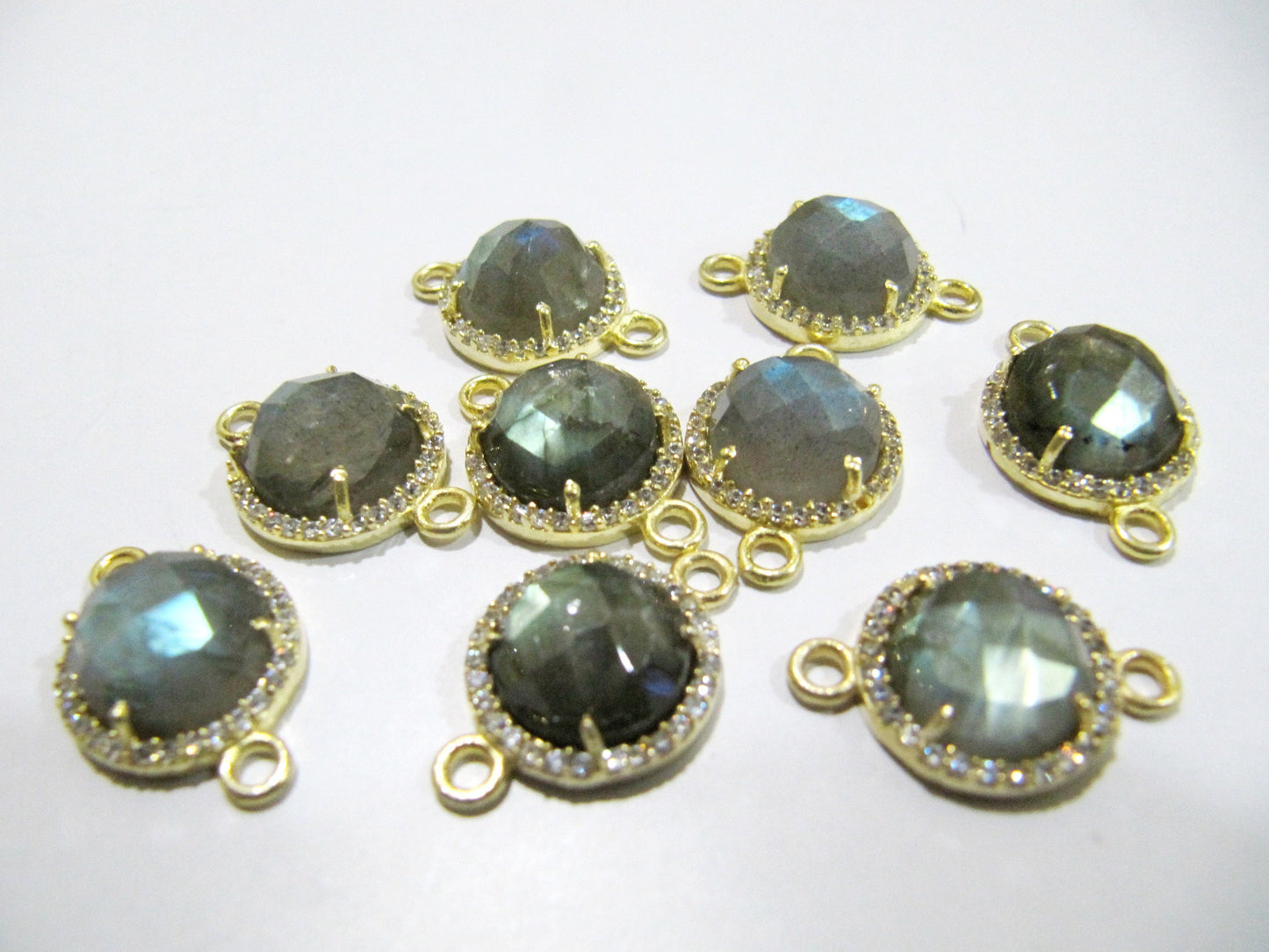 Natural Gemstones Round Shape Briolette 13mm Connectors charms With Setted CZ Pave 24K Gold Electroplated Double Loop Gemstone Jewelry