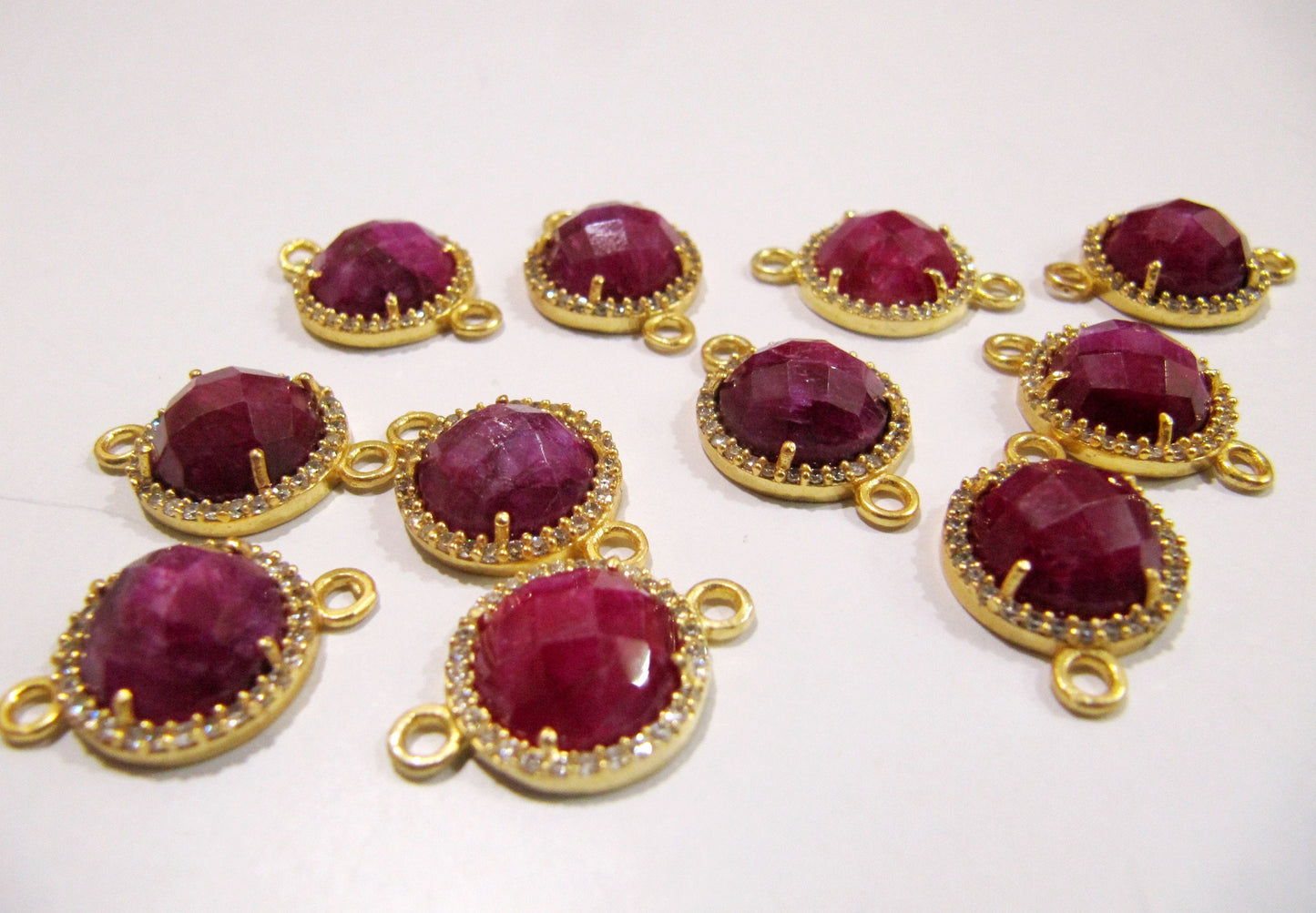 Natural Gemstones Round Shape Briolette 13mm Connectors charms With Setted CZ Pave 24K Gold Electroplated Double Loop Gemstone Jewelry