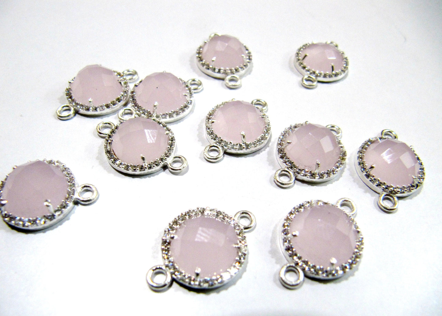 Gemstone Quartz Round Shape Briolette 13mm Connectors charms With Setted CZ Pave Silver Electroplated Double Loop Choose the Stone