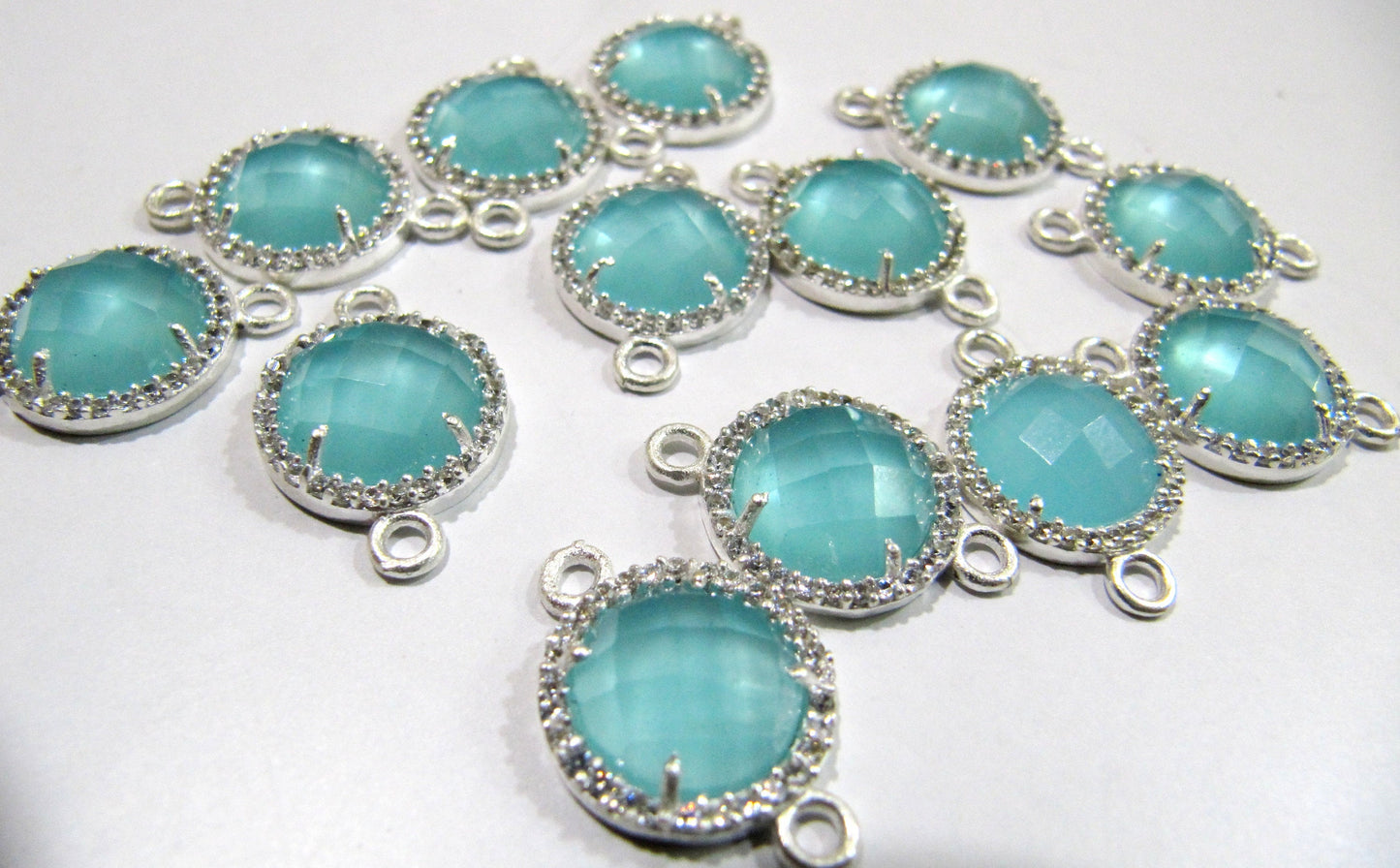 Gemstone Quartz Round Shape Briolette 13mm Connectors charms With Setted CZ Pave Silver Electroplated Double Loop Choose the Stone