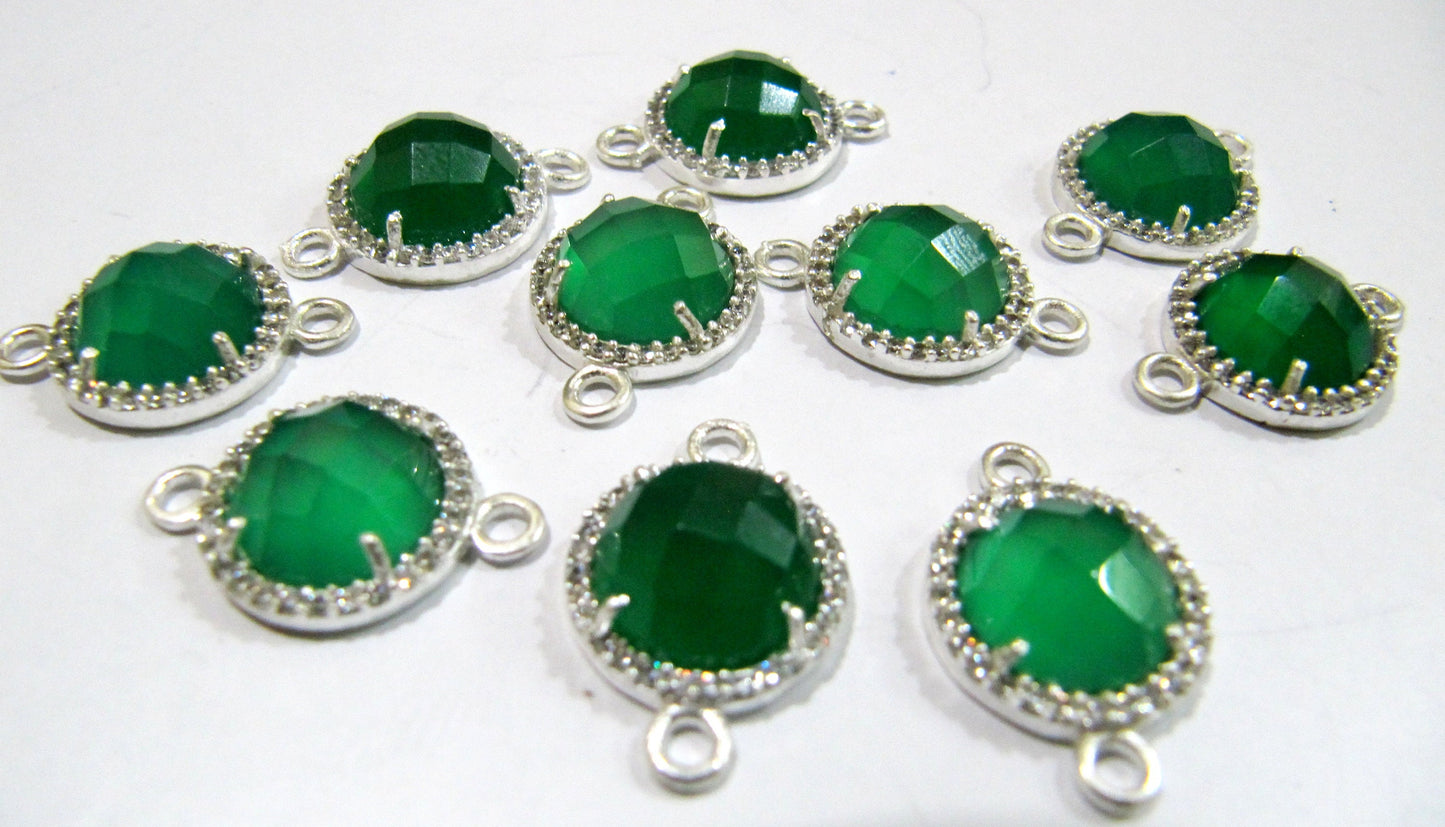 Natural Gemstones Round Shape Briolette 13mm Connectors With Setted CZ Pave Silver Bezel Charms  Double Loop Gemstone Jewelry CHOOSE
