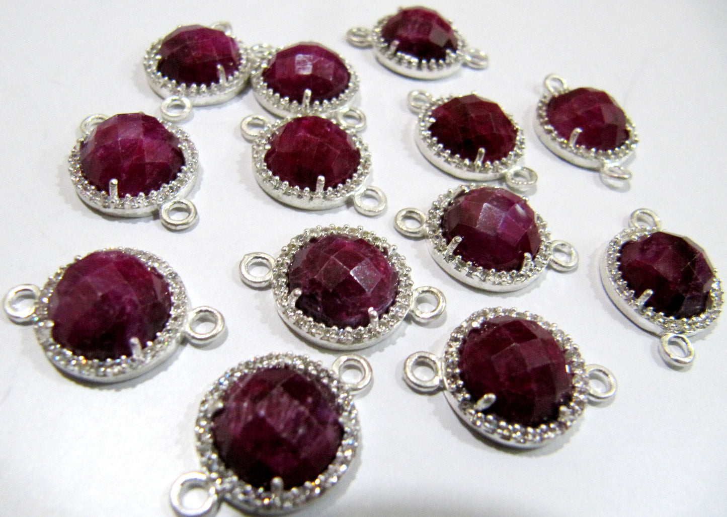 Natural Gemstones Round Shape Briolette 13mm Connectors With Setted CZ Pave Silver Bezel Charms  Double Loop Gemstone Jewelry CHOOSE