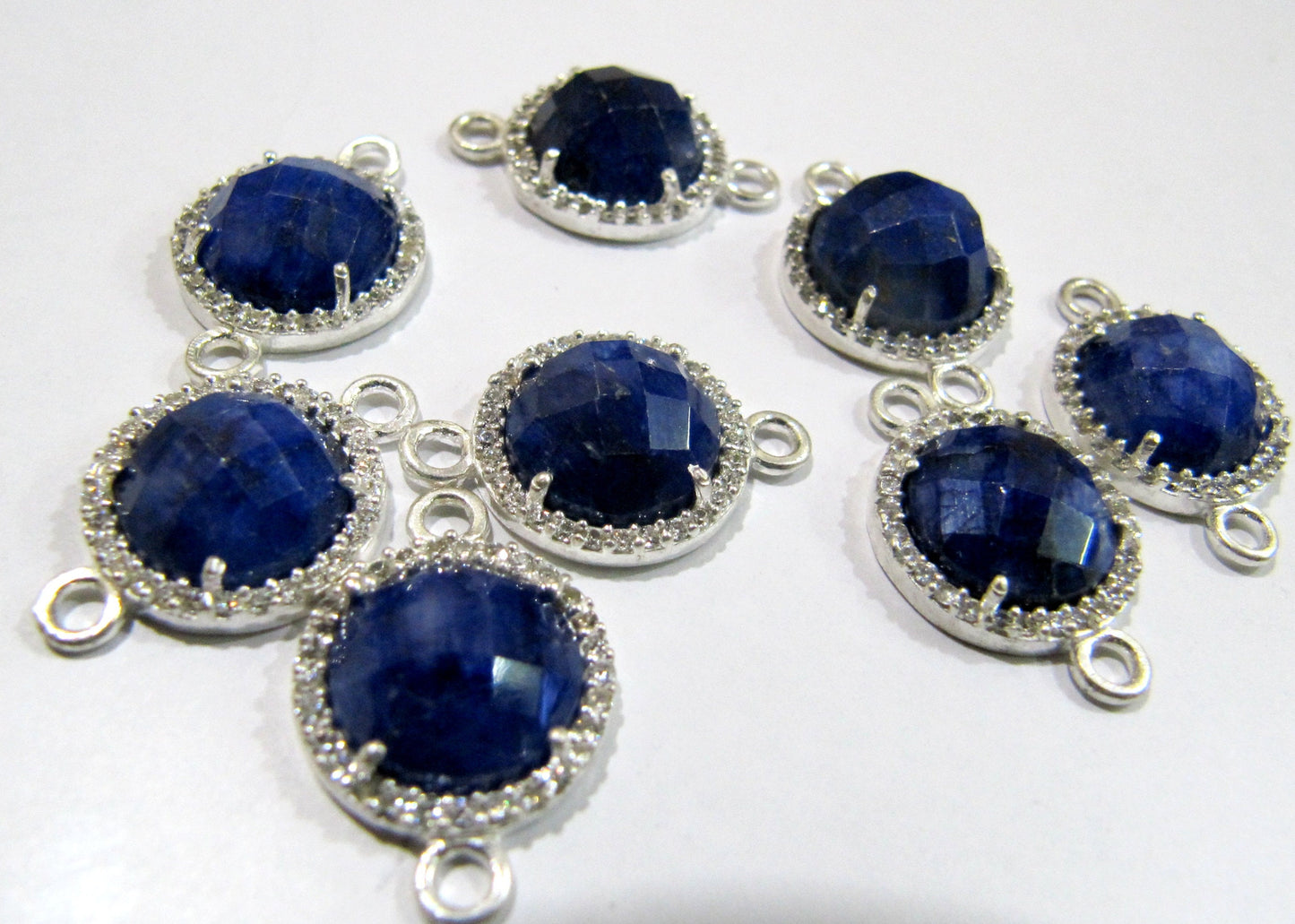 Natural Gemstones Round Shape Briolette 13mm Connectors With Setted CZ Pave Silver Bezel Charms  Double Loop Gemstone Jewelry CHOOSE