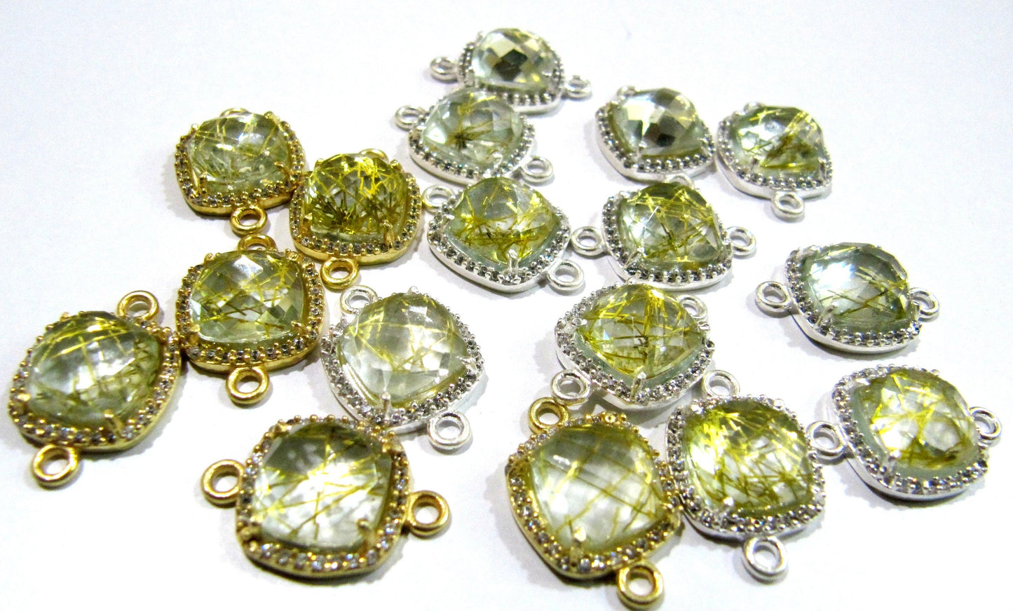 Golden Rutilated Quartz Cushion Shape Briolette Connectors 13mm with Setted CZ Pave Double Loop Bezel Gemstone Jewelry Sold Per Piece