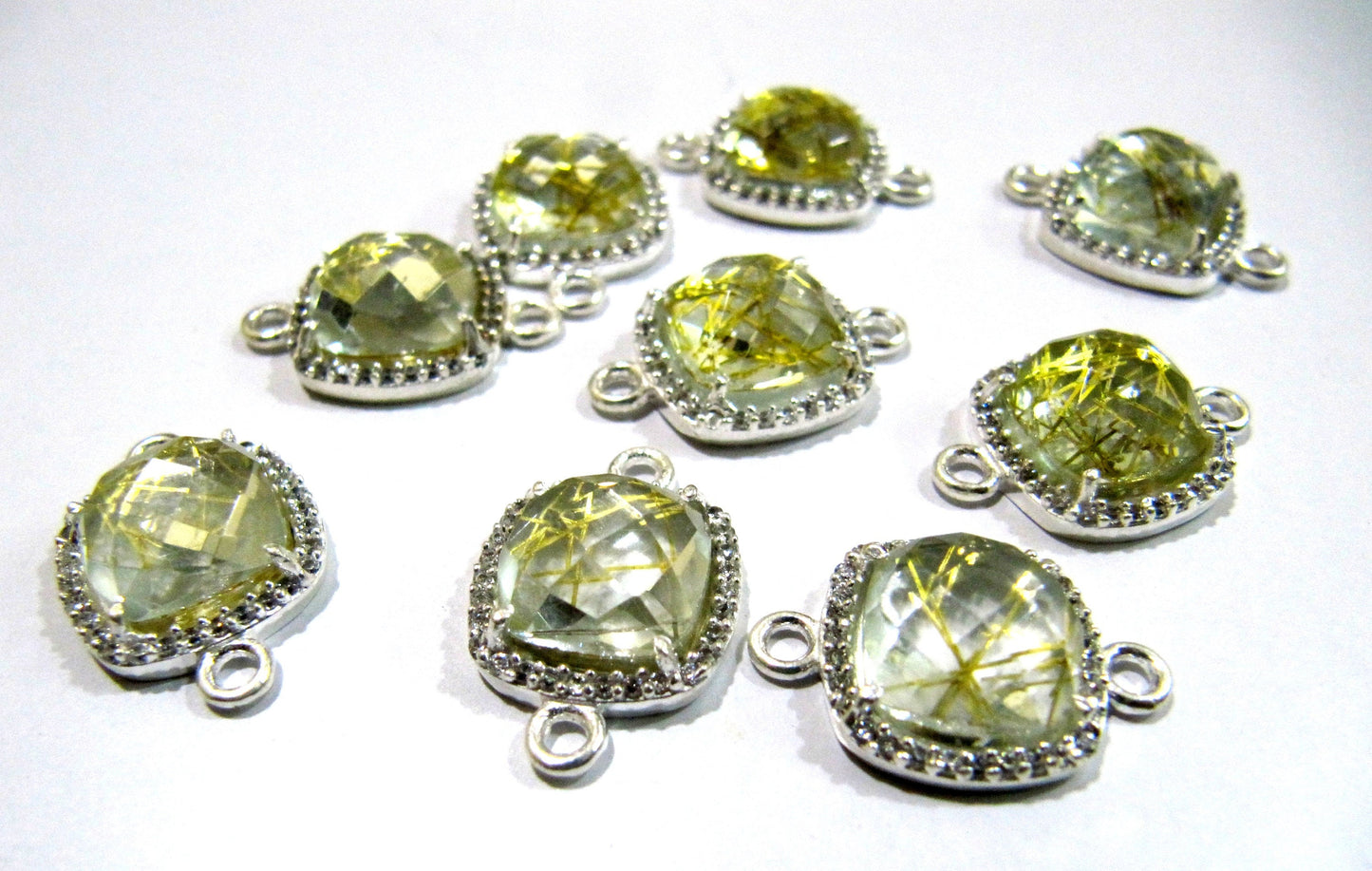 Golden Rutilated Quartz Cushion Shape Briolette Connectors 13mm with Setted CZ Pave Double Loop Bezel Gemstone Jewelry Sold Per Piece
