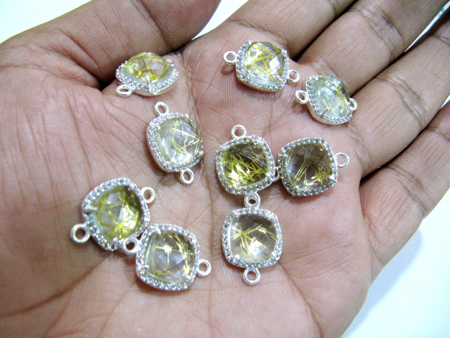 Golden Rutilated Quartz Cushion Shape Briolette Connectors 13mm with Setted CZ Pave Double Loop Bezel Gemstone Jewelry Sold Per Piece