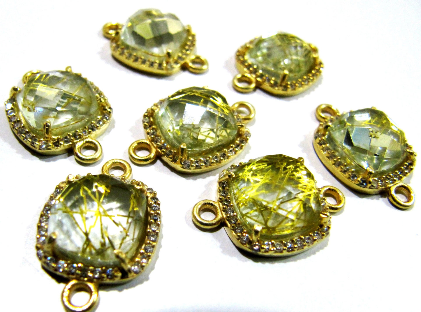 Golden Rutilated Quartz Cushion Shape Briolette Connectors 13mm with Setted CZ Pave Double Loop Bezel Gemstone Jewelry Sold Per Piece