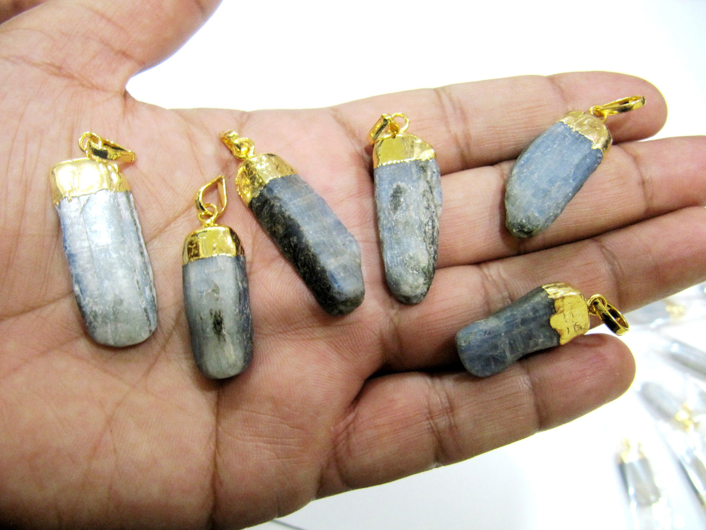 Natural Blue Kyanite Pencil Shape Pointed Pendant / Gemstone Gold Electroplated Cap / Size 30 to 40mm Wholesale Prices sold per piece